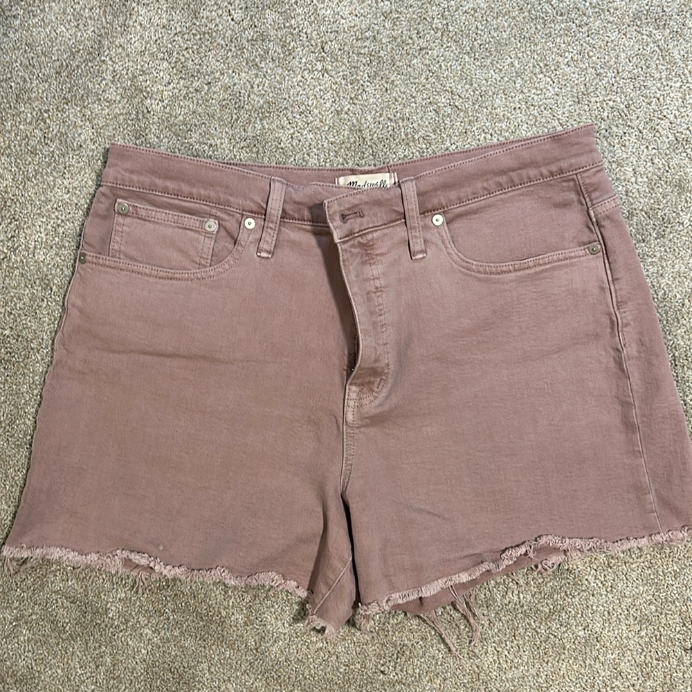 Madewell denim shorts.  Dusty purple/pink color.  Size 32.  Frayed hem